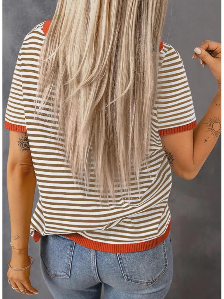 2025 Striped Contrast Knit Sweater: European/American Style, Drop Shoulder, Short Sleeve Top