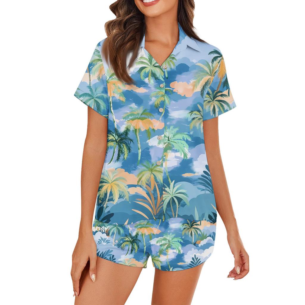 Women's Ice Silk Pajamas Button Homewear Hawaiian Print Short Sleeve Satin Pajama Set