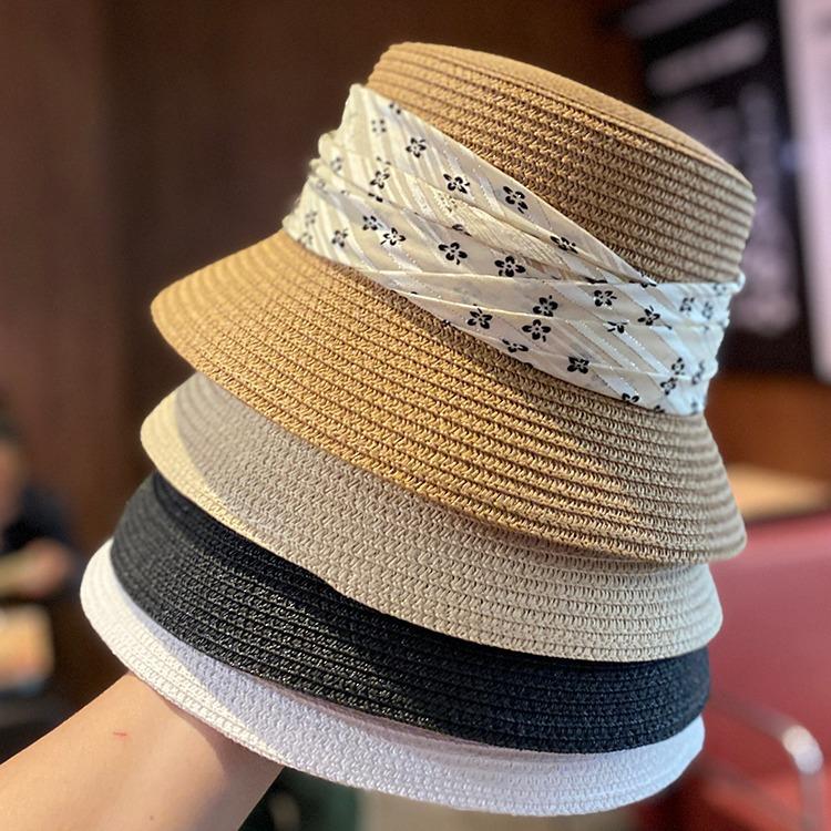 Hat women's summer straw fashion versatile bucket hat elegant flat top straw hat sunshade sunscreen basin hat