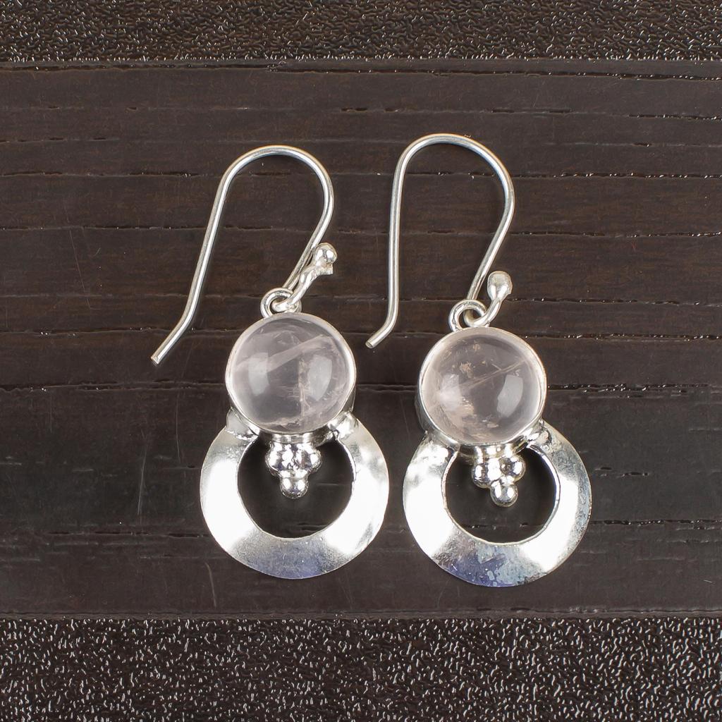 Natural Rose Quartz Gemstone 925 Sterling Silver Statement Drop Earrings 1.50", Handmade Jewelry For Her EE-59-26
