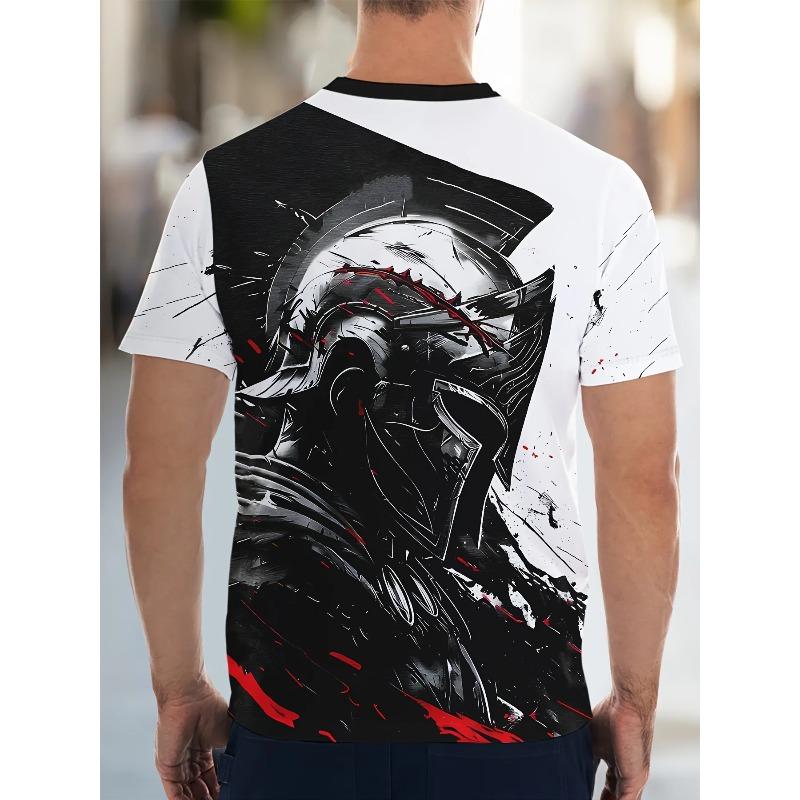 Men's Spartan Warrior Graphic T-Shirt Black White Red Splatter Ink Art Short Sleeve Crew Neck Casual Tee Streetwear