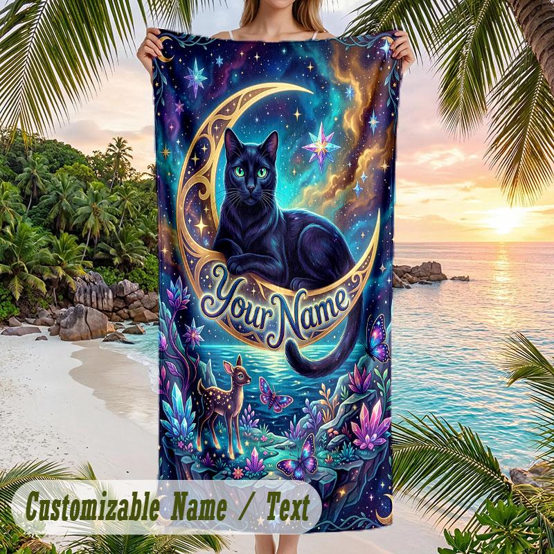 Moonlit Cat Dreams Theme Quick Dry Beach Towel Custom Name Text Print Large Sand Resistant Towel Beach Vacation