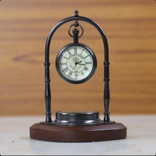 Table Clock with Wooden Compass Stand Exim Décor Hanging Clock Ship Brass Compass with  Victoria London Pocket Watch Finish