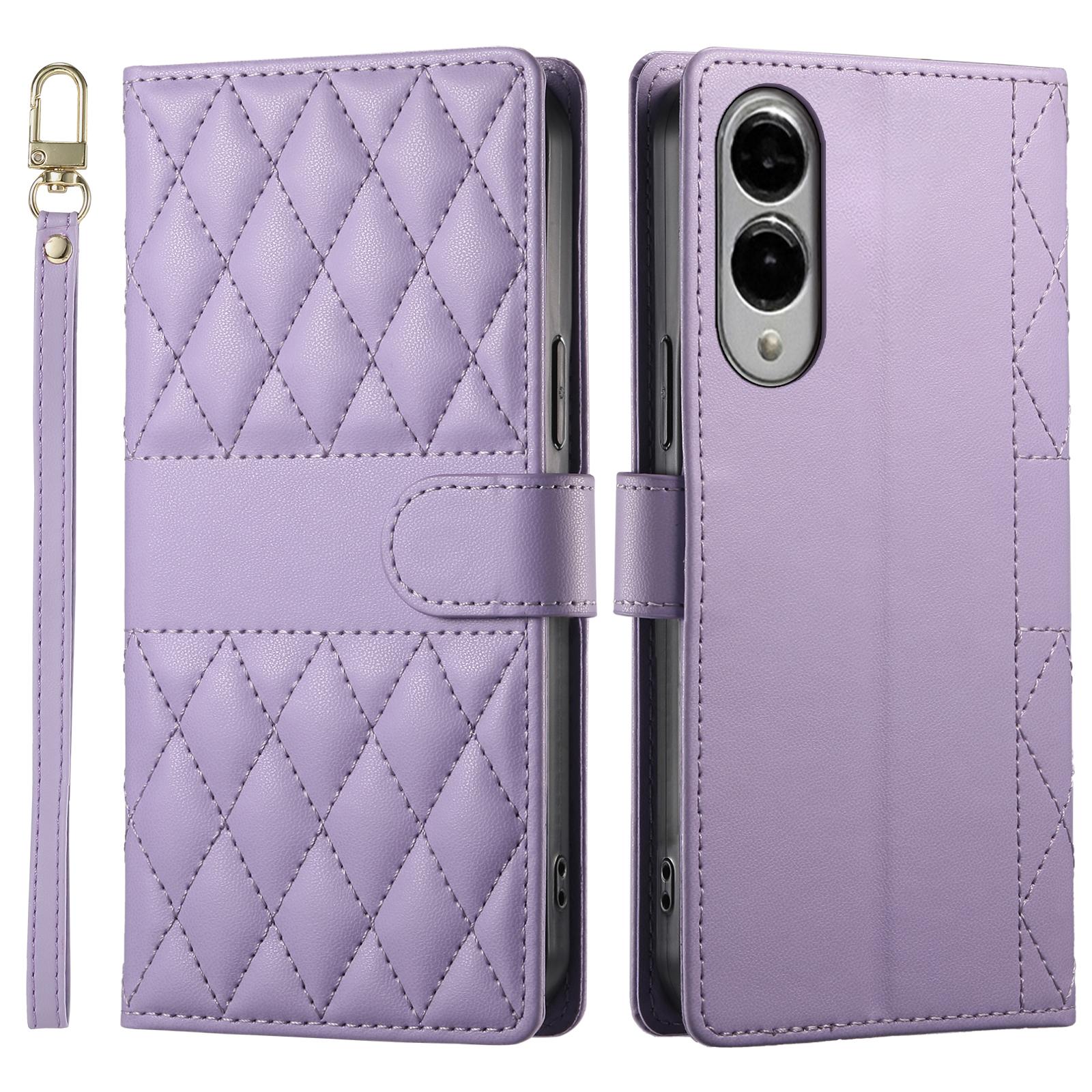 

For Samsung Galaxy S25 Edge Case Rhombus Stitching Wallet Stand Leather Phone Cover with Long/Short Strap Purple