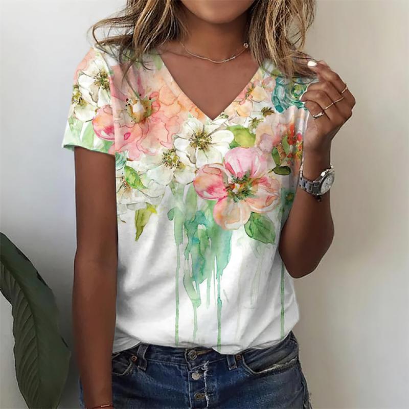 Sommer Kvinner Kortermet V-hals Oversized T-skjorte for kvinner Hvit mote T-skjorte for kvinner 3d Dragonfly Print Topp Uformelle klær