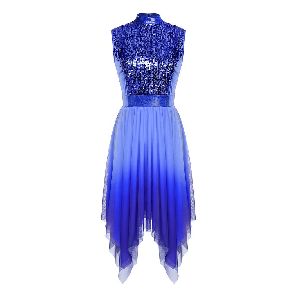 Womens Worship Praise Dance Dress Shiny Sequine Sleeveless Bodice Gradient Mesh Irregular Hem Lyrical Costume
