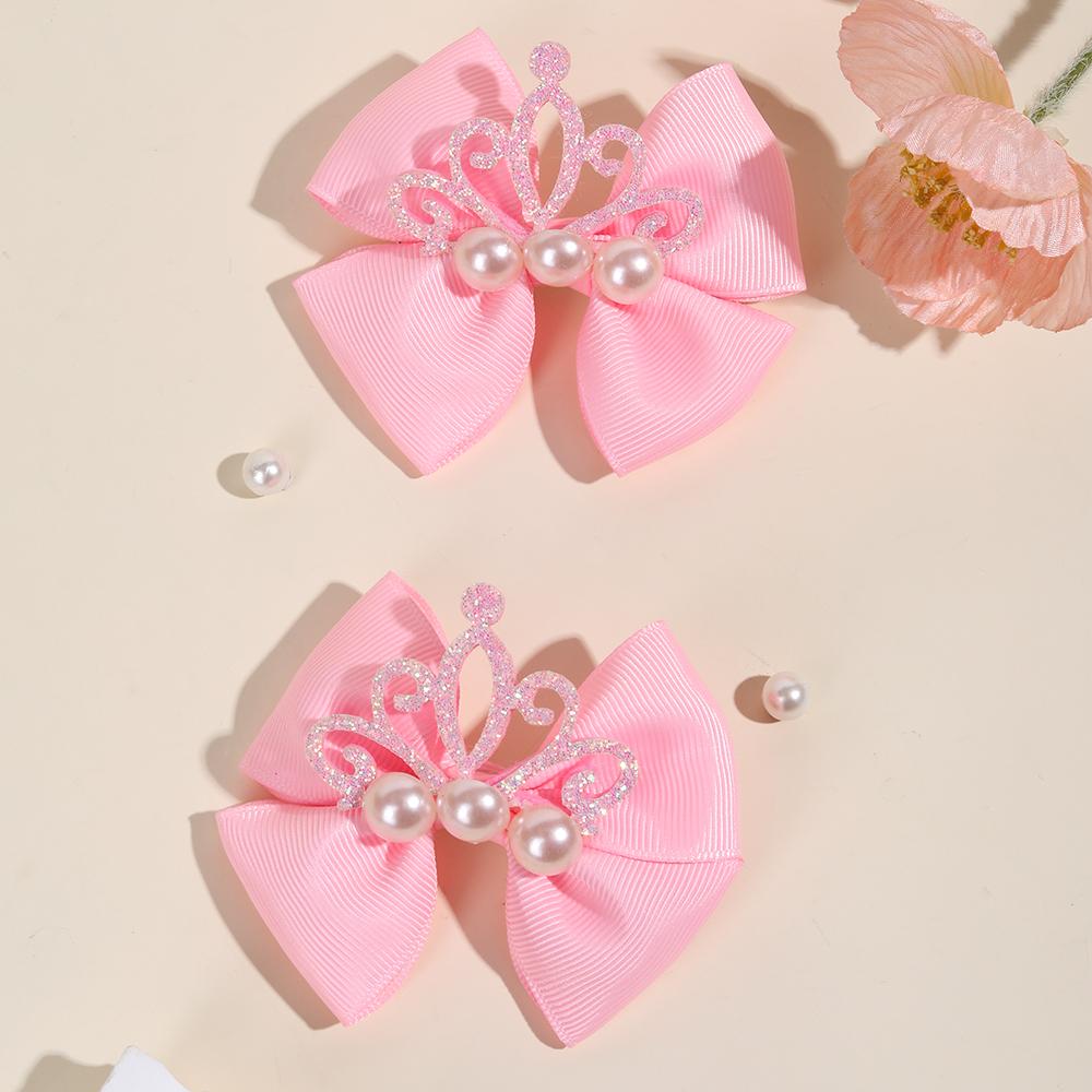 2 Stück Mädchen Haarspangen mit Schleife, Glänzende Krone & Kunstperlen Dekor Haarnadeln, Rosa Satinband Krokodilklemmen Haaraccessoires