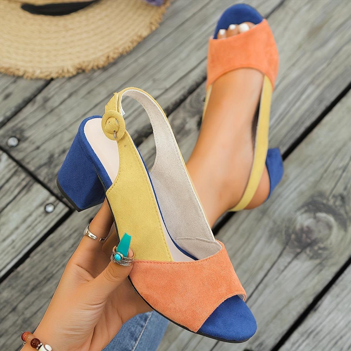 Ladies Color Blocked Thick Heel Sandals with Fashionable Open Toe Buckle Strap, Casual Party Open Toe Sandals 36 оранжевый