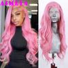 AIMEYA Pink Lace Wig Long Body Wave Side Part Synthetic Lace Front Wig Heat Resistant Synthetic Hair Daily Use Cosplay Wig