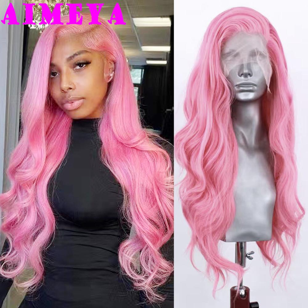 AIMEYA Pink Lace Wig Long Body Wave Side Part Synthetic Lace Front Wig Heat Resistant Synthetic Hair Daily Use Cosplay Wig