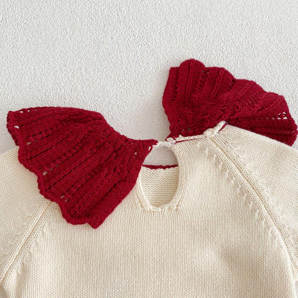 2024 Autumn Baby Girl Knitted Suit: Embroidered Top & Lace Pants Set