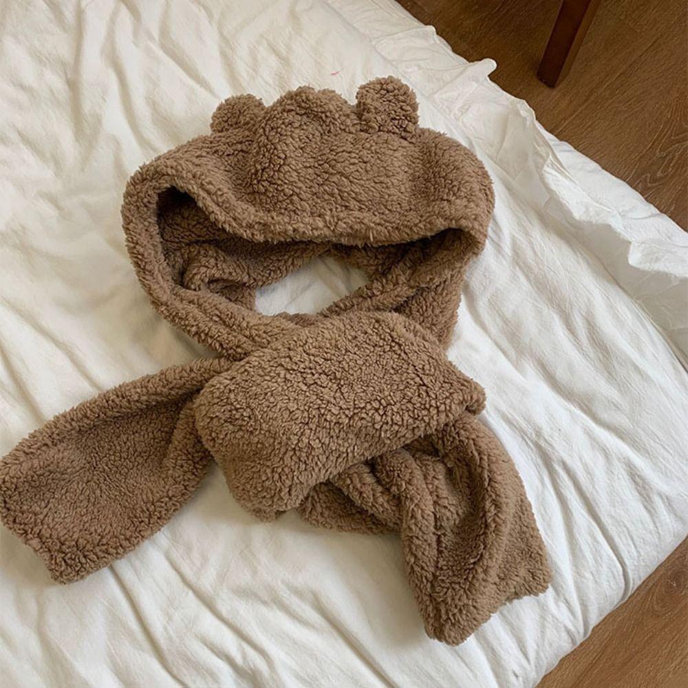 3 in 1 Plush Scarf Hat Gloves Earmuffs Fleece Scarves Hat Sweet Bear Ear Plush Beanie  Autumn