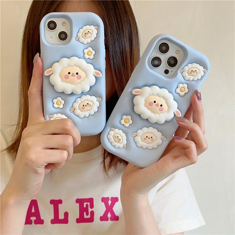 Cartoon Sheep Phone Case For iPhone 15 Pro Max 16 14 13 12 Pro With Wrist bracket Absorbent And Anti Drop soft silicone Cover