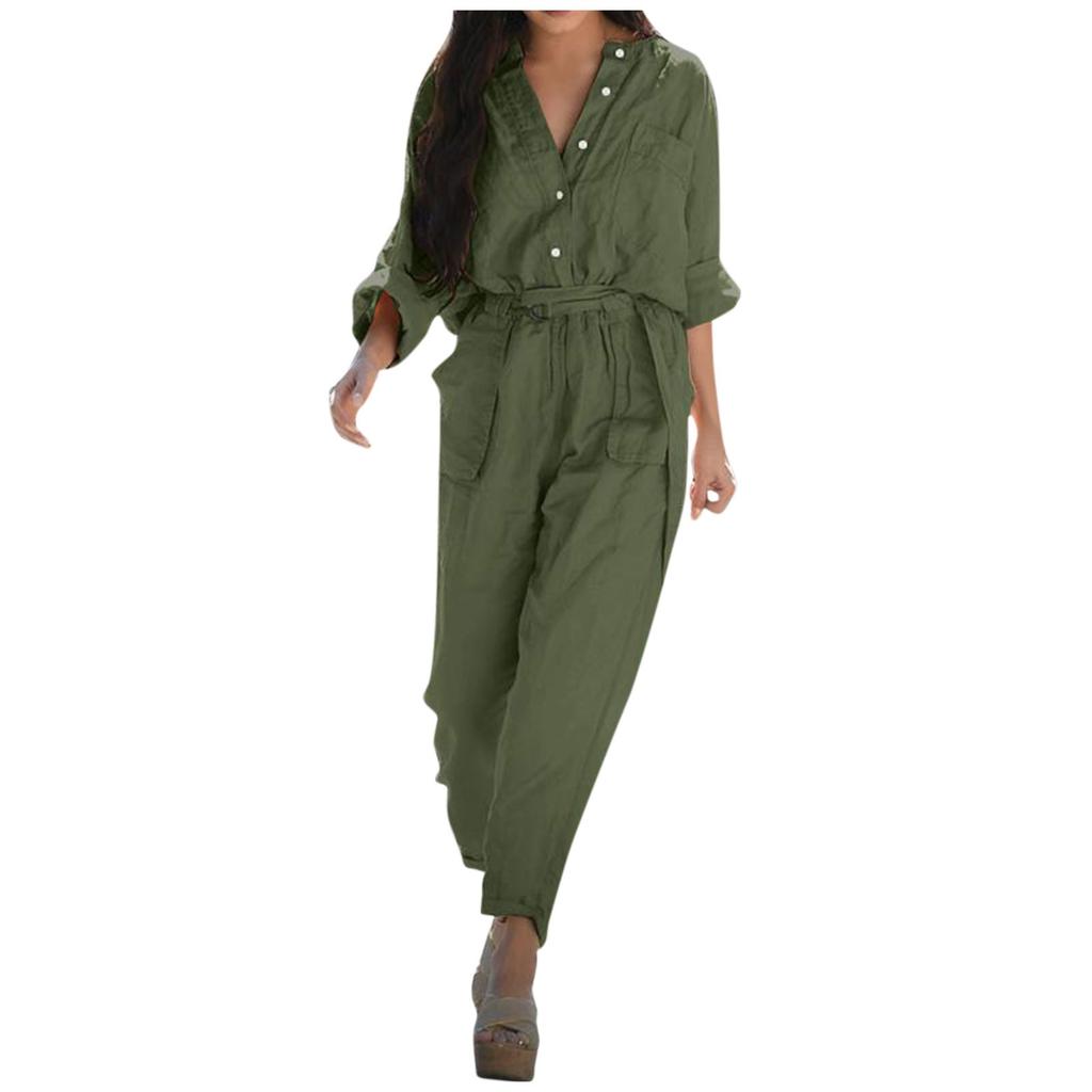 Combinaison Cargo Décontractée Lâche Colorée Coton Lin Revers Ceinture Mode Rétro pour Femmes
