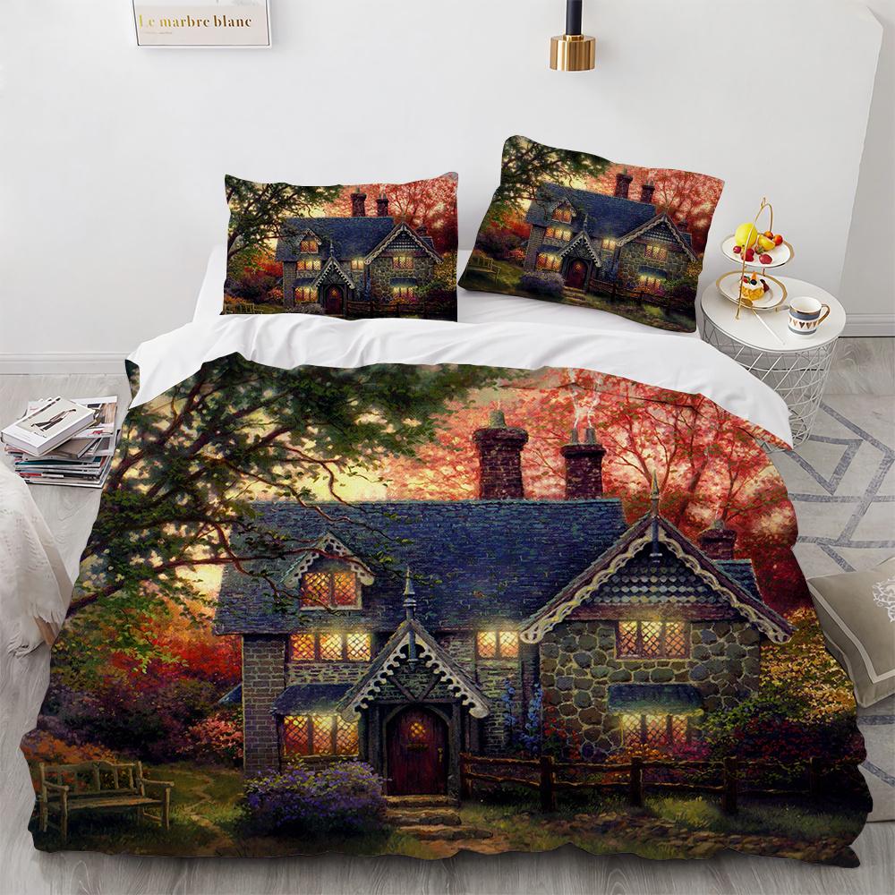 Painting Duvet Cover Set Beautiful Landscape Sun Lake Bridge Polyester Comforter Cover for Kid Boy Girl Artist Bedding Set King