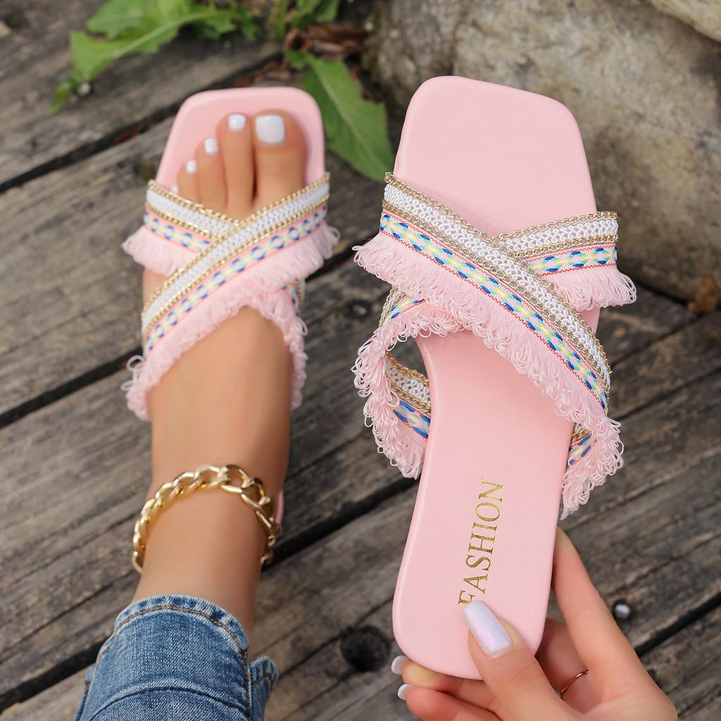Fashion Women's Flat Slippers 2025 Summer New Fashion Bohemian Style Tassels Design Casual and Comfortable Slippers Zapatos Mujer