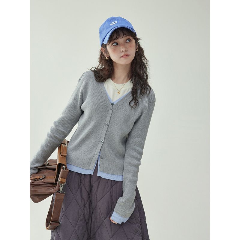 

North Island Amuu Original Assorted Colors False-Two-Piece V-neck Knitted Cardigan Female Spring New Arrival Base Long Sleeve Shirt Grey M