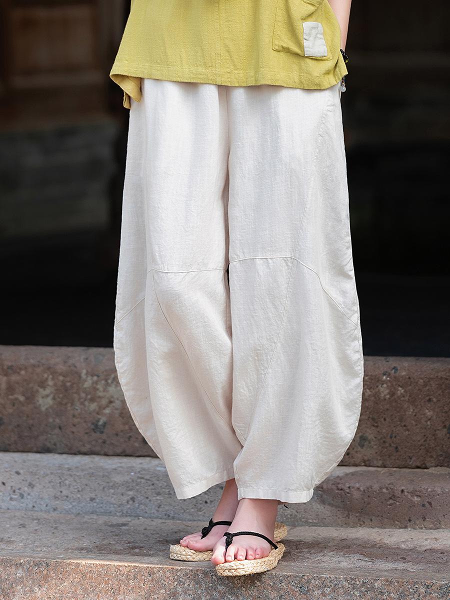 

Johnature Женские шаровары с эластичной талией, однотонные осенние брюки с карманами, свободные брюки в стиле пэчворк One Size бежевый