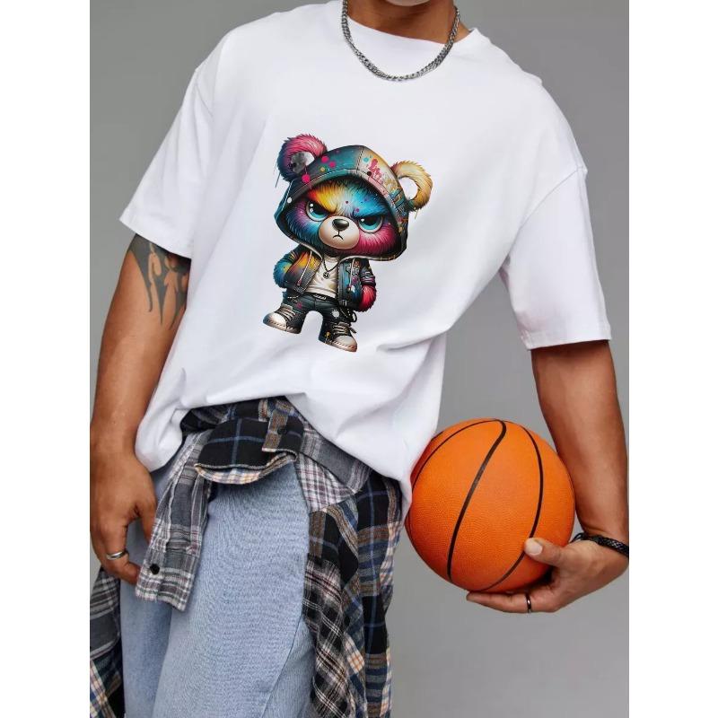 Cute Bear Hoodie Design White T-Shirt with Colorful Graffiti Bear Pattern for Casual Wear and Street Style Outfits