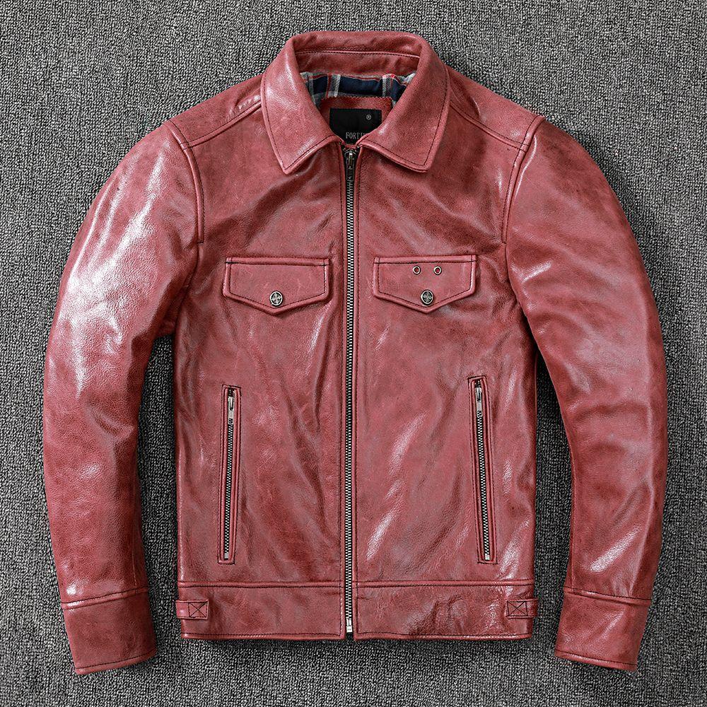 

Ретро Куртка из коровьей кожи высшего слоя Новая Куртка из натуральной кожи Мужской мотоциклетный костюм Лацкан Бордовая кожаная куртка 3XL