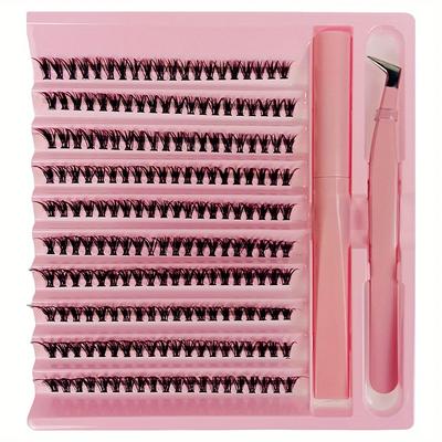 Kit de extensão de cílios faça você mesmo 200 unidades de cílios clusters com cílios de aglomerado bond, cílios postiços Wispy D Curling com pinça