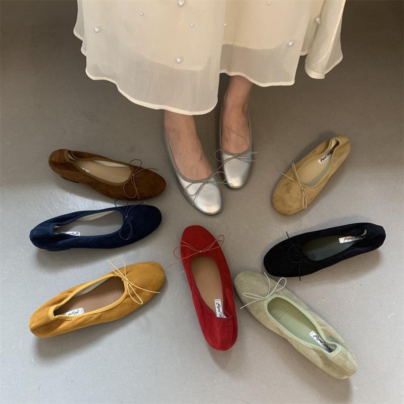 Low heel French small red single shoes women's shoes 2025 spring bow retro with skirt ballet grandma shoes