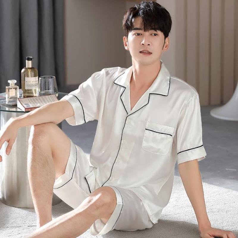 Summer Men's Ice Silk Pajamas Homewear Suit Teenagers Thin Short-Sleeved Shorts Loose Large Size Fashion Pajamas Homewear Suit