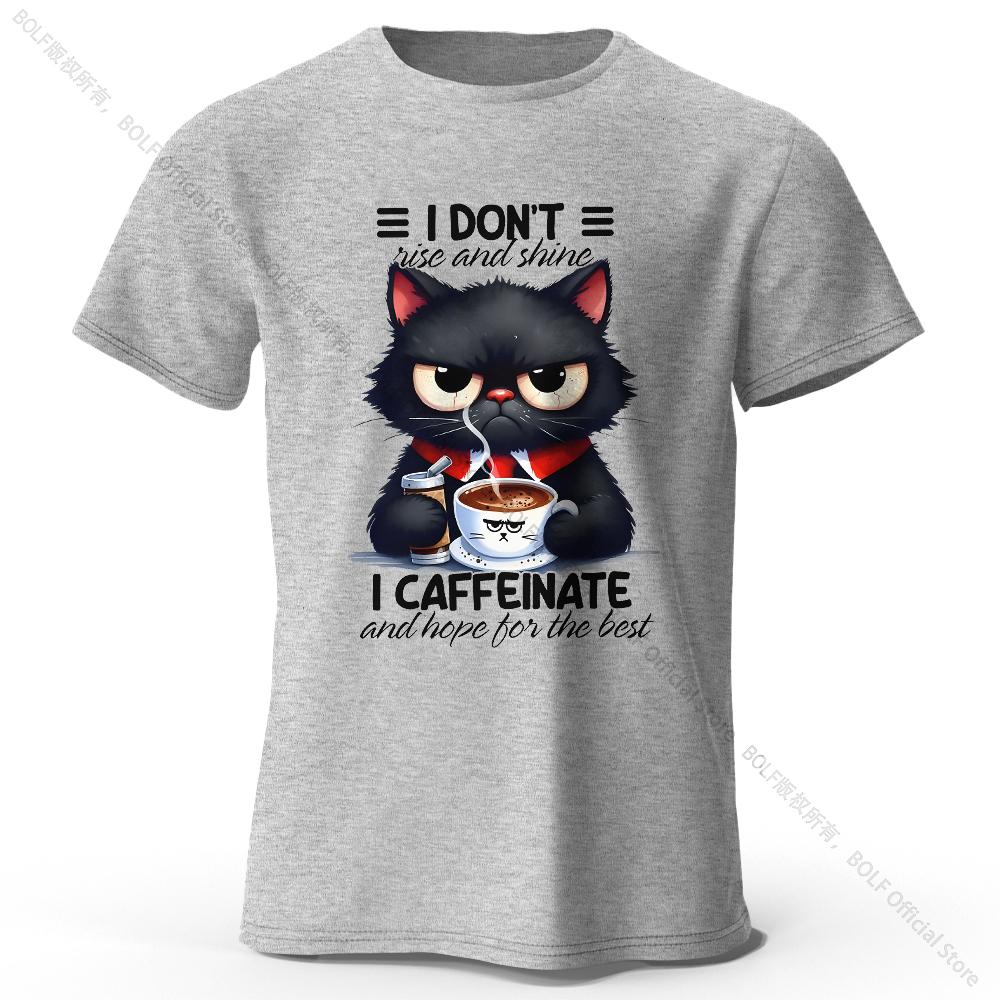 Coffee Loving Cat Print 100% Cotton T-Shirt, Soft & Breathable Round Neck Short Sleeve Tee, Unisex Fun & Quirky Style
