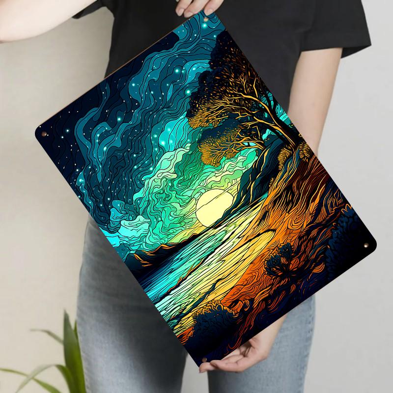 

Dreamy Starry Sky Sunset Landscape Metal Wall Art Modern Home Living Room Bedroom Decor 20x30cm（7.8x11.8inch）