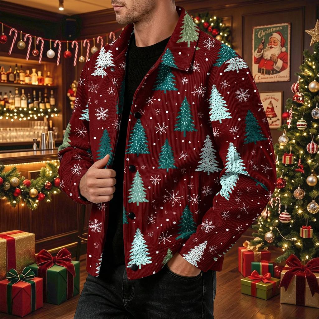Men's Casual Loose Fit Long Sleeve Lapel Collar Jacket with Christmas Print for Fall