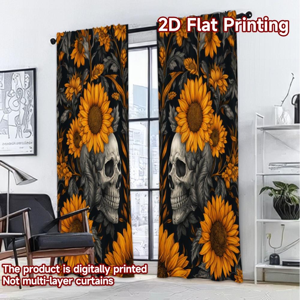 2D FLAT PRINTING 2pcs Curtains (Without Rod) Halloween Skulls with Sunflowers Popular Creative Curtains 100% Polyester Curtains