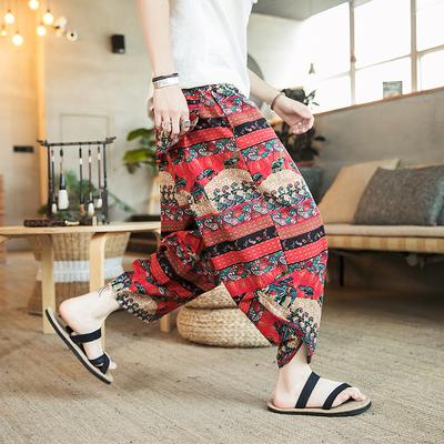 Summer Men's Wide Pine Flower Pants Cotton Harem Pants Men Casual Hip Hop Trousers Cross  Calf-Length Pants Joggers Streetwear Pants
