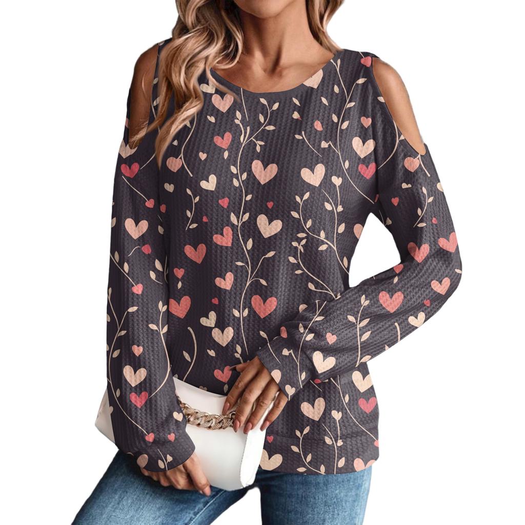 Women's Winter Oversized T-Shirt Fashionable Off-the-Shoulder Round Neck Vintage Floral Print Pullover Long-Sleeved Top