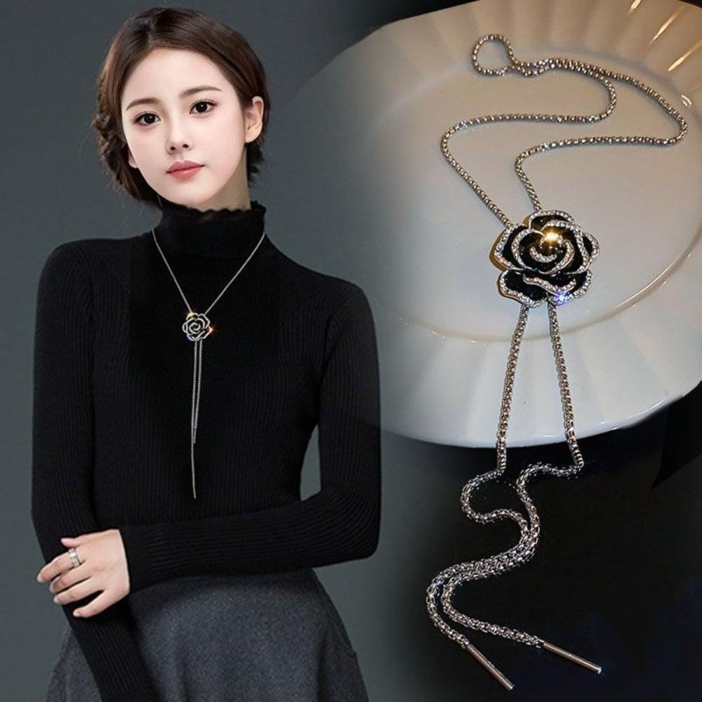 Zinc Zinc Alloy Rhinestone Brooch Silver Clavicle Chain Sweater Chain Women Long Necklace  Gift