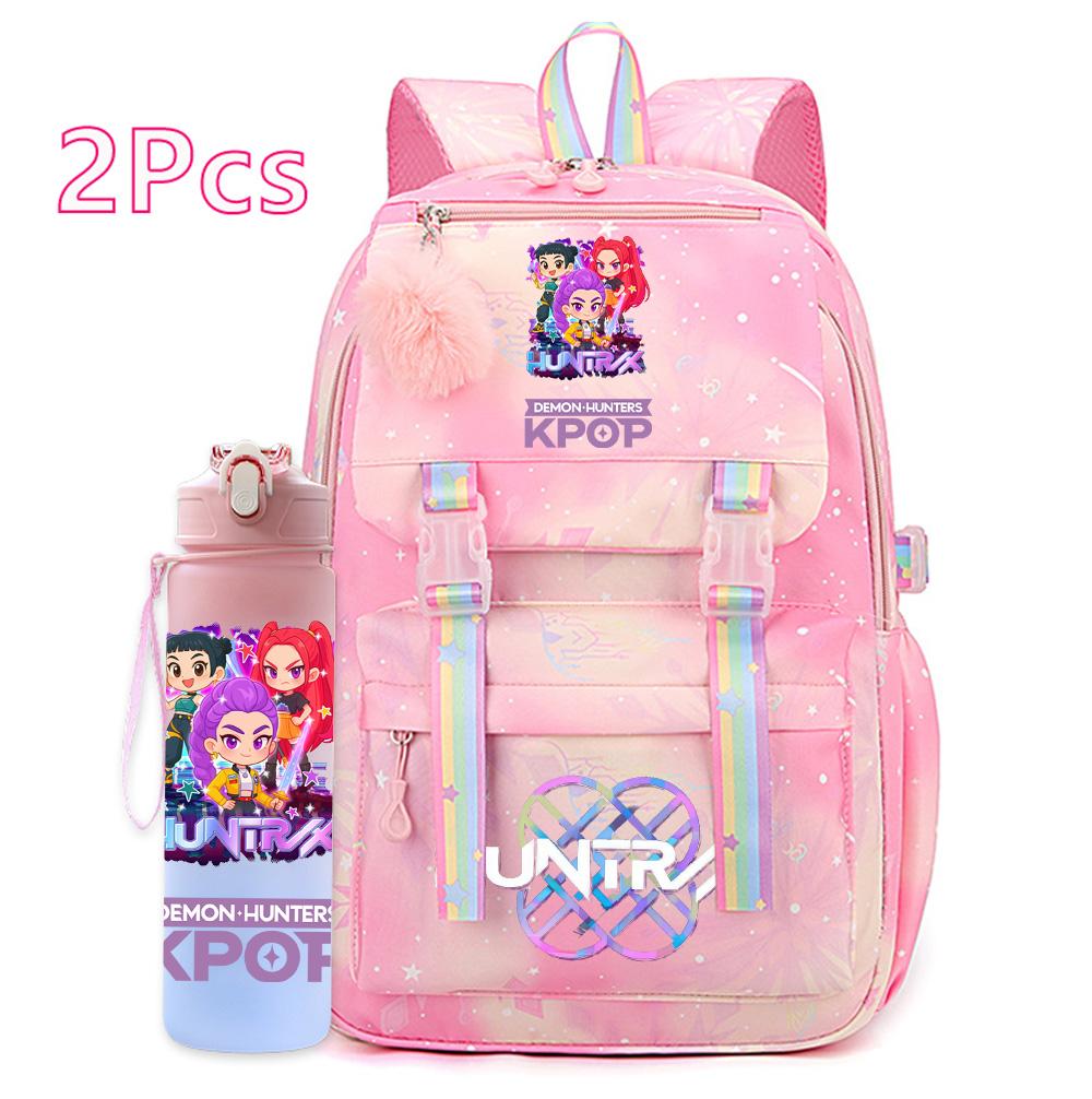 2Pcs/set Anime Cartoon Kpop Printed Backpack with 750Ml Water Bottler Large Capacity Travel Bag for Teenager Girl Boy Bookbag Kid Gift Rucksak