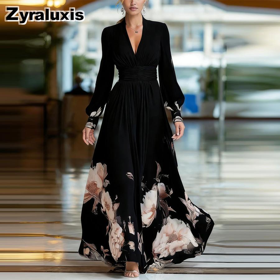 Abito a Maglia Lunga Patchwork Floreale Slim Fit Francese Gonna Maxi Stampata Versatile per Donna