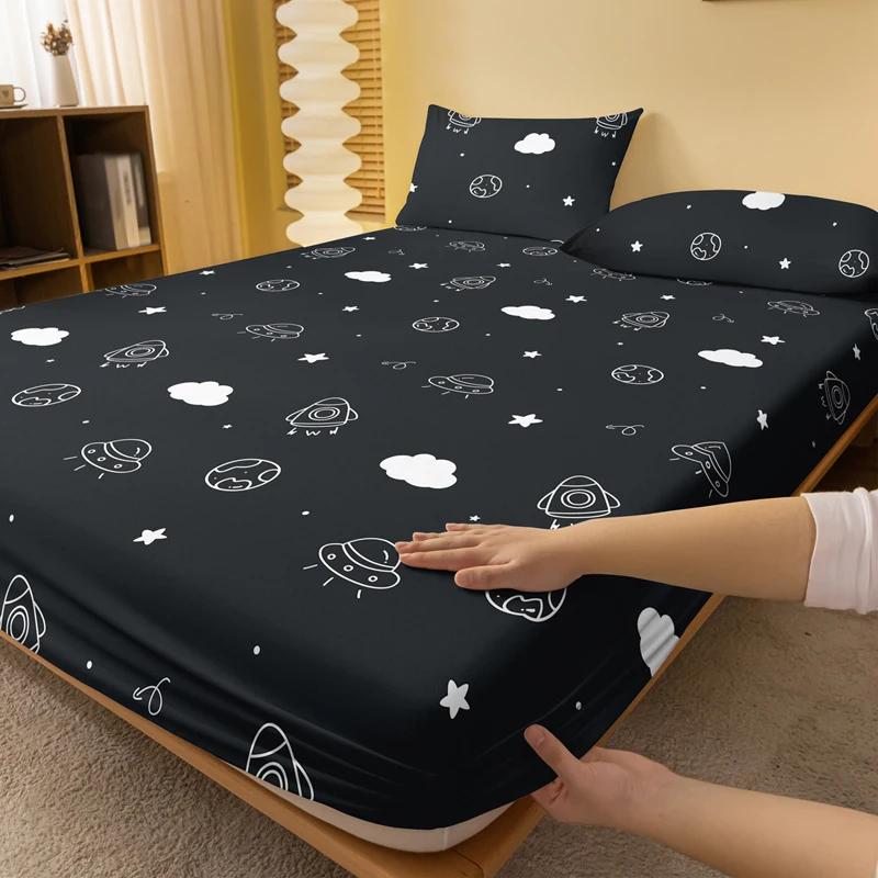 1 Cartoon Fun Rocket Printed Matte Fitted Sheet, Bedroom Printed Bed Cover, Bedding (Excluding Pillowcases)