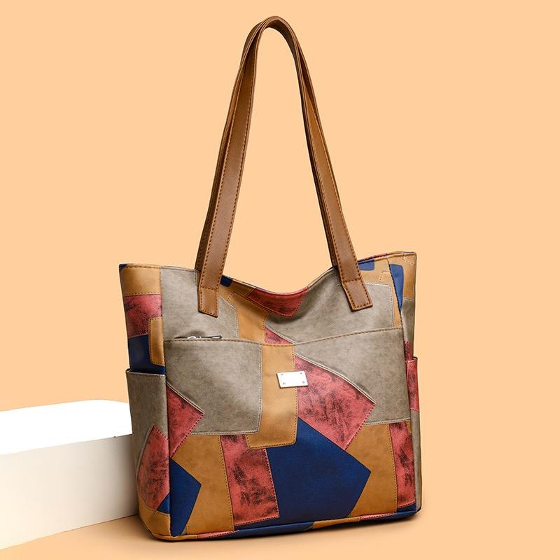 Women's Fashion Large Capacity Soft Surface Splicing Contrast Color Tote Bag Summer Shopping Bag Underarm Shoulder Bag