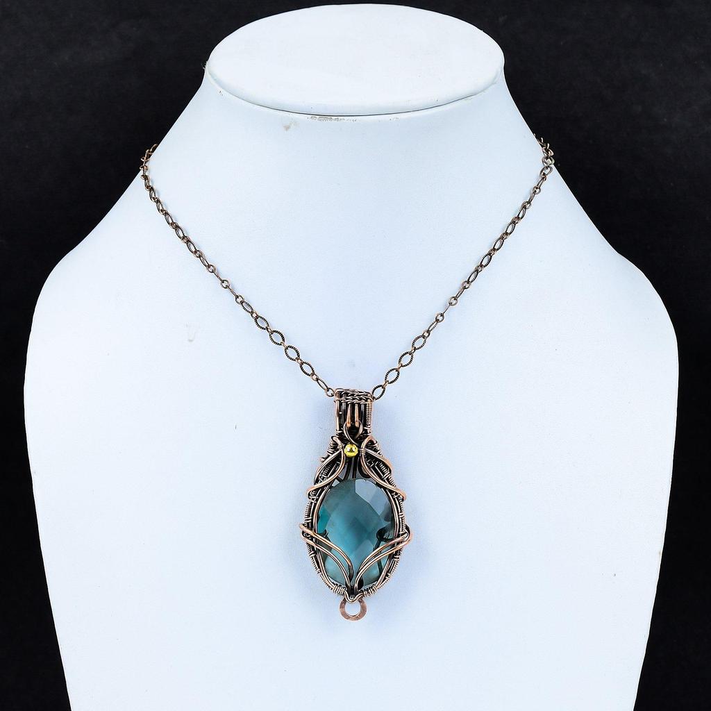 Wonderful Aqua Apatite Gemstone Handmade Pure Copper Wire Wrapped Pendant Jewelry