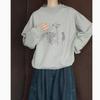 Women's Gray Loose Fit Printed Sweatshirt - Round Neck, Long Sleeve, Drop Shoulder, Versatile Pullover