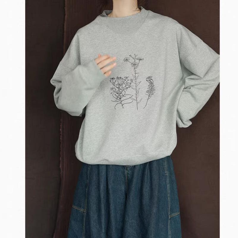 Women's Gray Loose Fit Printed Sweatshirt - Round Neck, Long Sleeve, Drop Shoulder, Versatile Pullover