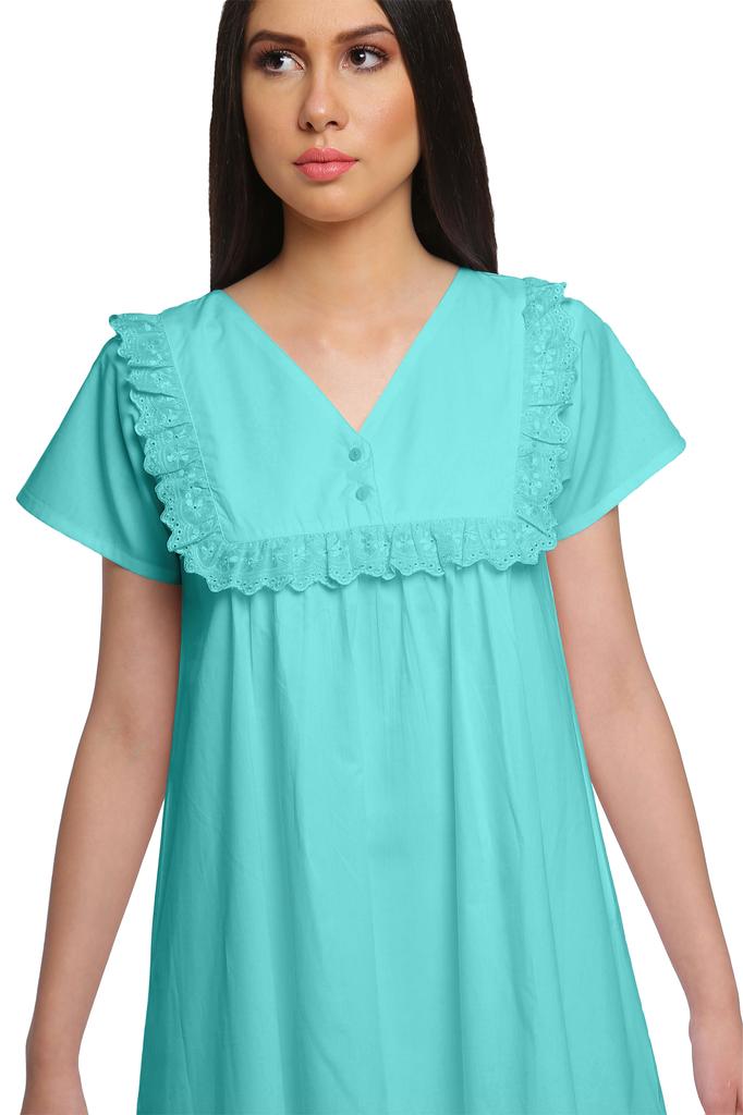 Moomaya Solid Short Sleeve Nightdress For Ladies Button Placket Nightwear