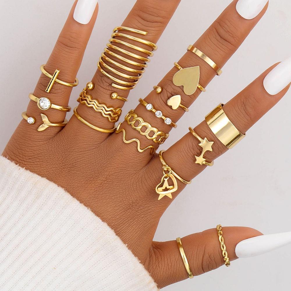IF ME 18Pcs/set Personalized Heart Star Ring Set Crystal Multilayer Wave Gold Rings for Women Jewelry Accessories