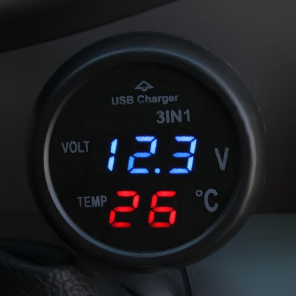 12V/24V Digital Meter Monitor 3 In 1 LED USB Car Charger Voltmeter Thermometer Car Battery Monitor LCD Digital Dual Display