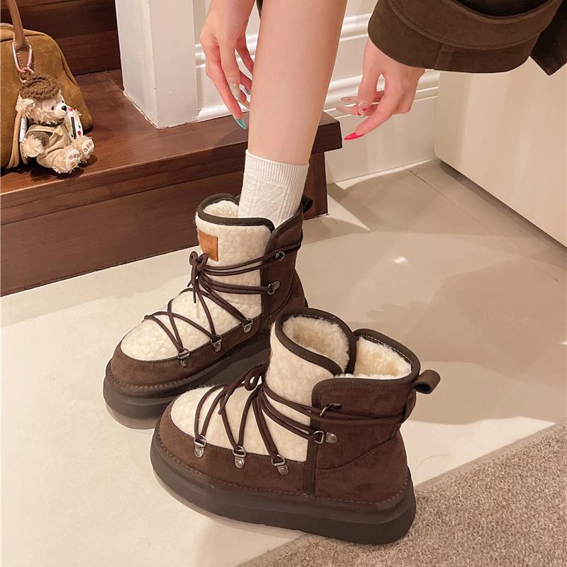Platform Fleece Snow Boots Women's  Winter New Slip-on Fur All-in-One Lace Warm Booties