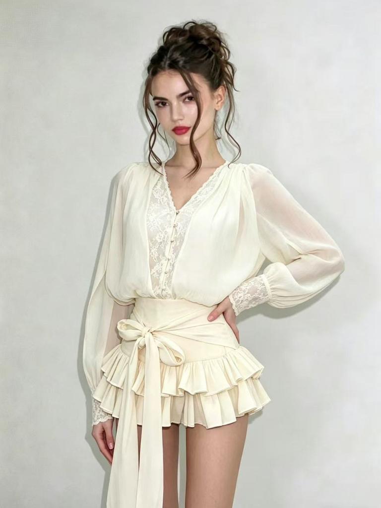 Chancloi Vietnam Fashion Long Sleeve Waist Tie Flared Mini Skirt For Youth