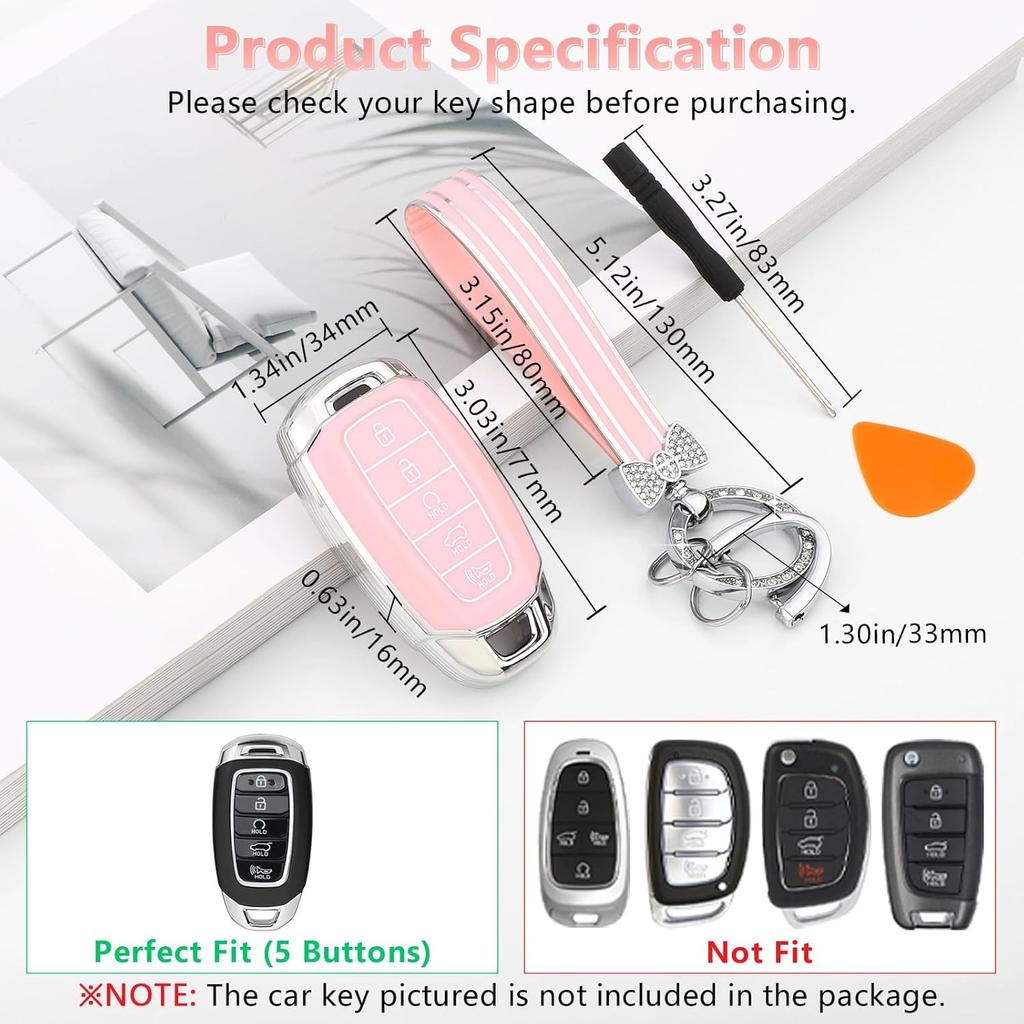 PIFOOG For Hyundai Elantra Key Fob Cover Palisade 5 Buttons Car Keys Case Shell Protector Full Covers Pink Bling Keychain Accessories Girly Women