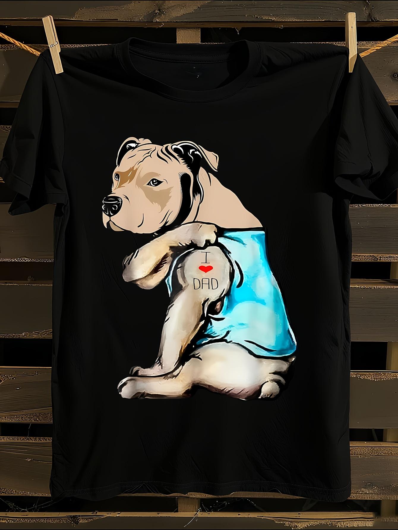 Funny Pitbull Dog  I Love Dad  Tattoo Graphic Tshirt XXL