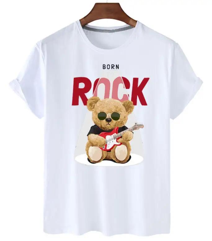 plus Size Trendy Teddy Bear Graphic Tee Casual Short-Sleeved T-Shirt Polyester Fabric Summer Top for Men
