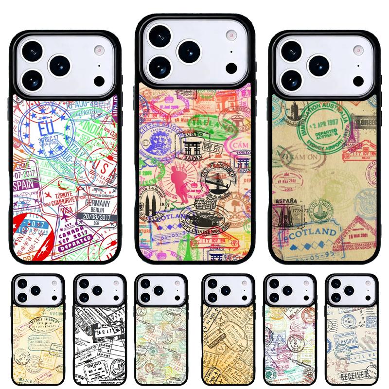 Retro Post Card Passport Stamps Phone Case for iPhone 17 Air 16e 15 14 13 Pro Max Back Cover for 12 11 Pro Coque